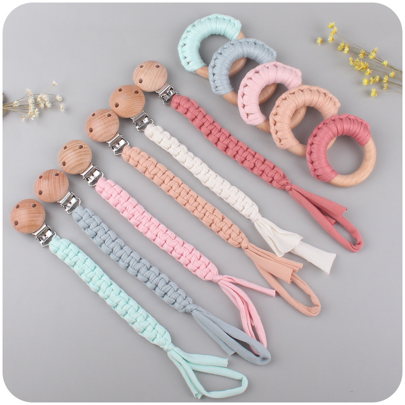 Nuevo bebé suministros haya clip calmante bebé algodón tejido chupete cadena haya anillo mordedor juguete traje