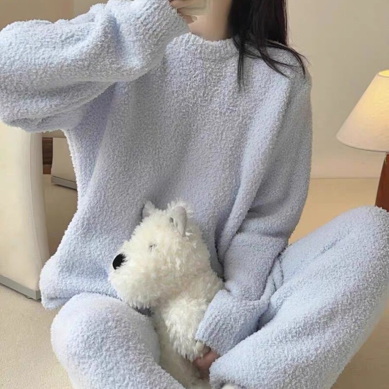Solid Color Pajamas Women's Autumn and Winter Soft Half-side Velvet Soft fleece-lined Warm Simple High-end Home Clothes suit