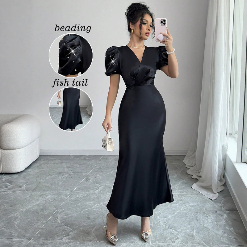 Cross-Border European and American 2026 Summer New Black Satin V-Neck Dress with Beaded Puff Sleeves, Waist-Cinching, Slim-Fit Gown