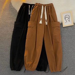 Summer New Trendy High Street Large Pocket Cargo Pants for Men Ins Hong Kong Style Straight Loose Drawstring Jogger Casual Pants