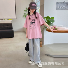 女童夏装套装2024新款儿童夏季小猫咪短袖T恤牛仔裤童装女大童夏9