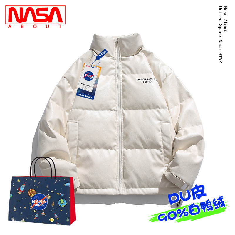 Nasa Winter Pu Leather down Jacket for Men, Autumn and Winter Youth Stand-Up Collar White Duck down Coat, Trendy Thickened Cold-Proof
