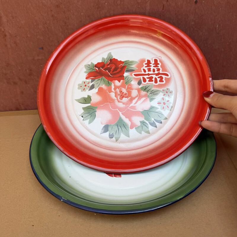 Vintage Tray, Round Plate, Hot Pot Dish, Nostalgic Enamel Tea Tray, Tray, Buffet Plate, Commercial Dish, Double Happiness Plate
