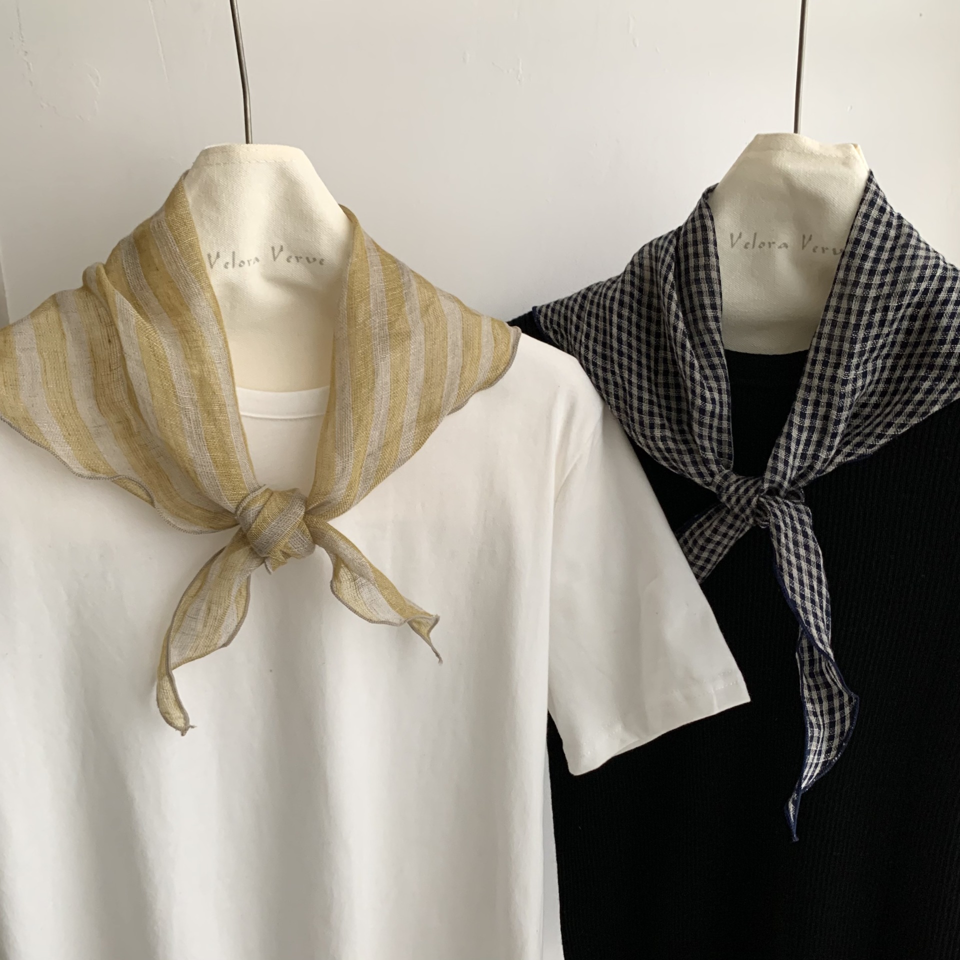 여름과 가을을 위한 한국식 일본식 격자 무늬 린넨 삼각 스카프, 여성용 니치 솔리드 컬러 스몰 스카프, 실크 스카프, 헤어밴드, 심플