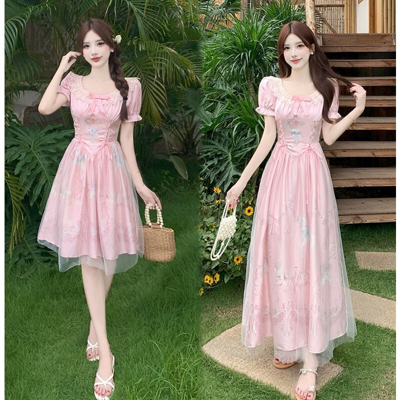 Plus-Size Women's New Carousel-Style Court-Inspired Lace-Up Fairy-Like Mesh Print Runaway Princess Square-Neck Dress Plus-Size Women's New Carousel-Style Court-Inspired Lace-Up Fairy-Like Mesh Print Runaway Princess Square-Neck Dress