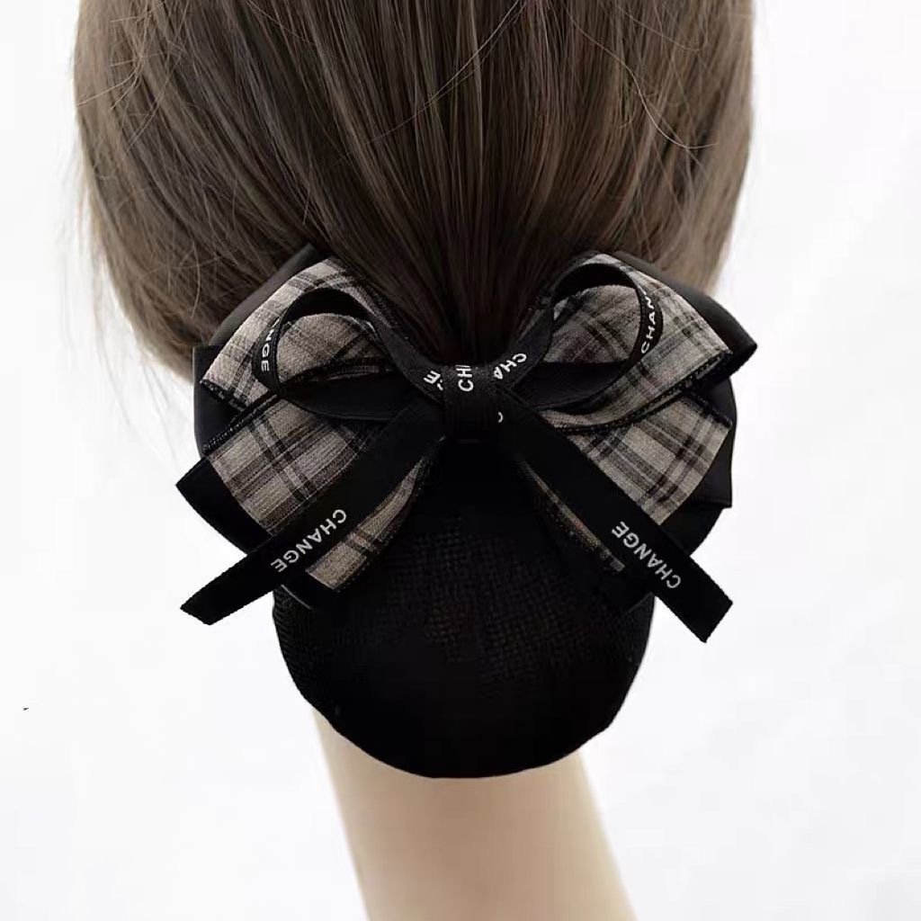 Women's Hair Clips and Hairnets for Work, Bank, Flight Attendant, Nurse Professional Styles, Plaid Gauze, Bowknot