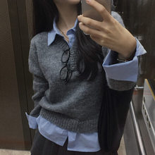 韩国chic气质2025秋冬新款简约衬衫翻领假两件长袖针织衫女装新款