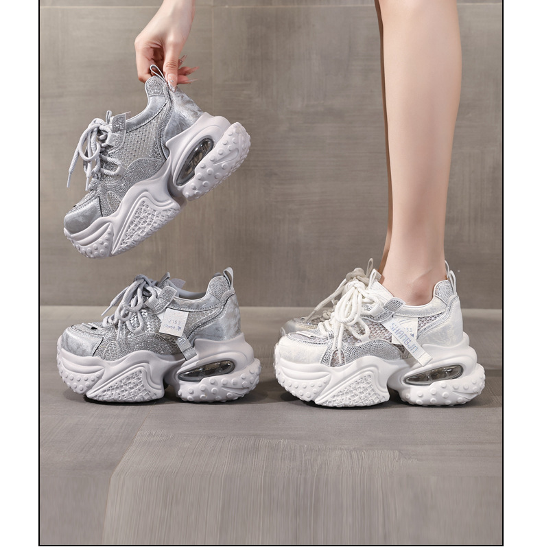 Giày sneaker nữ đế dày tăng chiều cao, mặt lưới đính đá rhinestone — Màu sắc rực rỡ bạc chi tiết 16