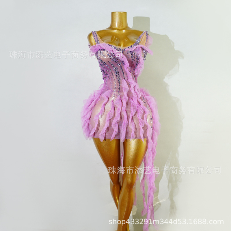 New Sexy See-Through Mesh Beaded Rhinestone Suspender Dress with Ruffles, Short Dress for Birthday Party Performance New Sexy See-Through Mesh Beaded Rhinestone Suspender Dress with Ruffles, Short Dress for Birthday Party Performance