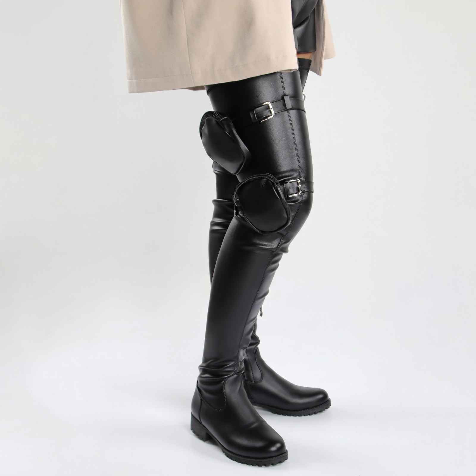 Damen Overknee Stiefel Mit Niedrigem Blockabsatz Und Mini Tasche_voghion.com