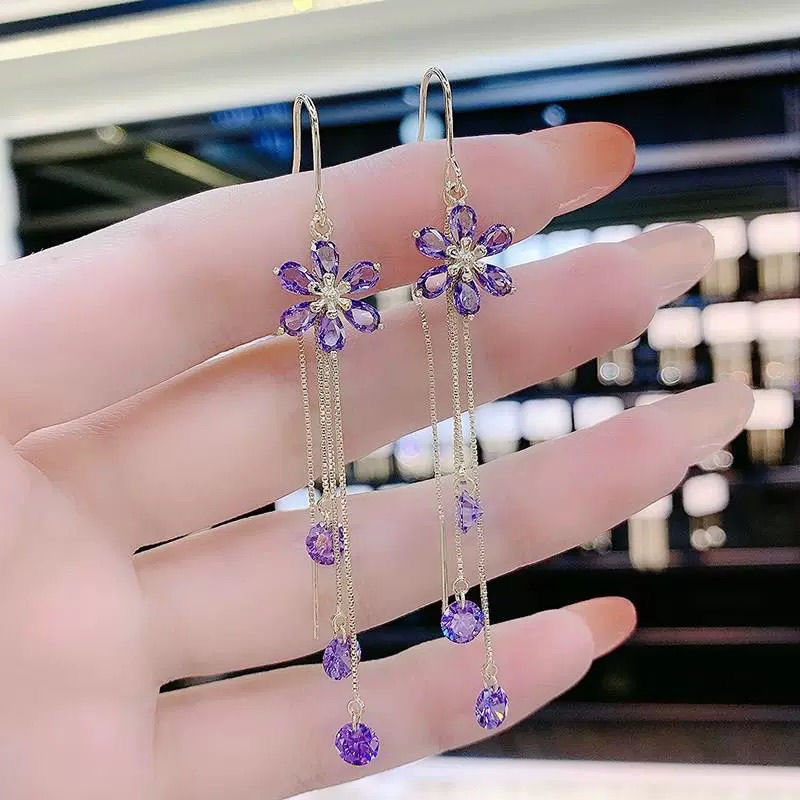 Aretes de línea de cerezo con zirconio púrpura – colgante de cristal largo, borlas, antípérdida, estilo de hada