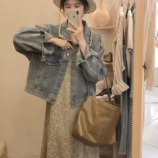 American retro Denim coat for women Spring and Autumn New loose casual all-match short frayed jacket top ins fashion