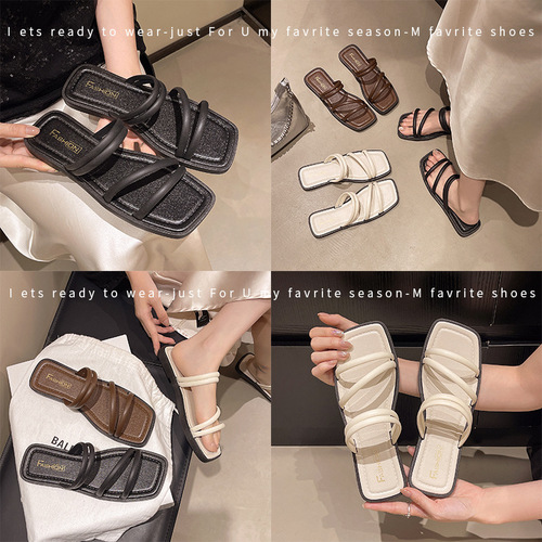Square Head Cross-Border Fashion Slippers for Summer, Special Offer for Home Use, Seasonal Women's Flat Shoes with Anti-Slip Rubber Soles, for Fairy-like Women to Wear