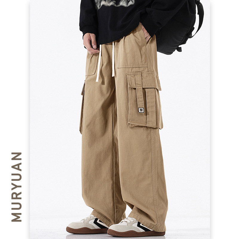 Mu Yuan Men's Fashion Brand Three-Dimensional Pocket Crane Pants Men's Casual Elastomer Waist Drawstring Loose Straight Wide-Leg Pants