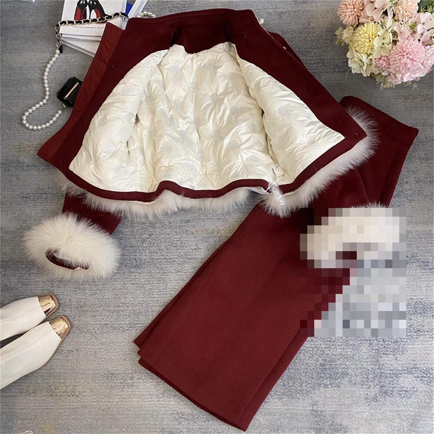 小香风羽绒服套装女冬季新款狐狸毛中式羊毛短外套长裙两件套