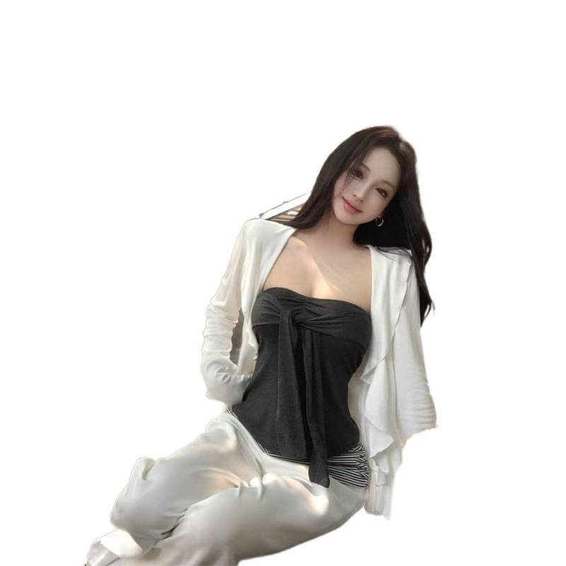韩系辣妹松弛感穿搭罩衫抹胸女拼接条纹腰头休闲裤套装女|undefined