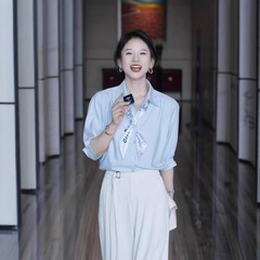 法式五分袖衬衫女夏季新款高级别致优雅丝巾衬衣通勤职业面试上衣