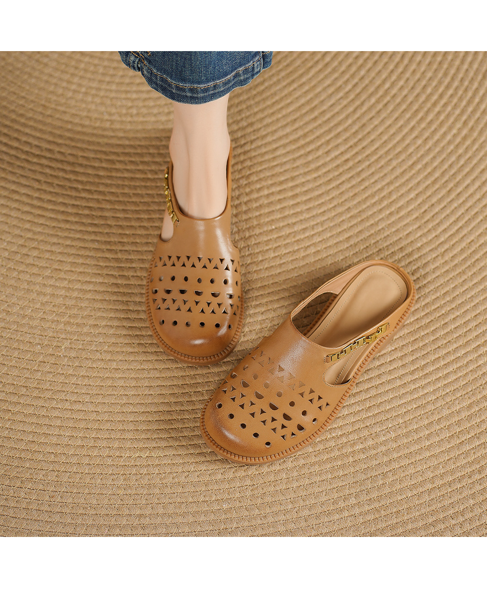 Dép sandal nữ da bò mũi trùm đế bệt kiểu lỗ thoáng khí — đen chi tiết 9
