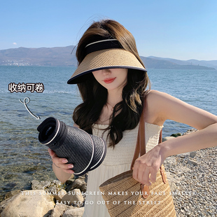 2023 New Style Sunscreen Hat Women's Summer Big Hat Brim Foldable UV-proof Straw Black Rubber Sunshade Hat Empty Top Hat