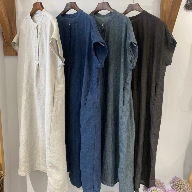 Japanese Linen Dress Summer New Retro Literary Loose Casual Simple Versatile Age-Reducing Sleeve Mid-Length Dress