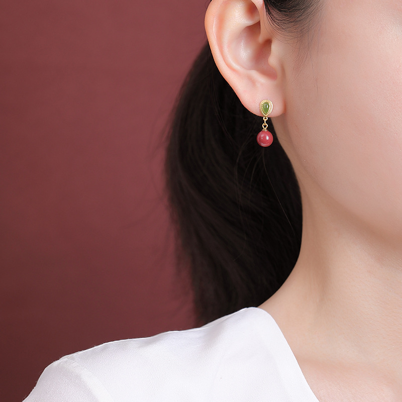 Khuyên tai nữ bạc S925 mạ vàng đính đá jasper hạt tròn hình giọt nước — Một cặp