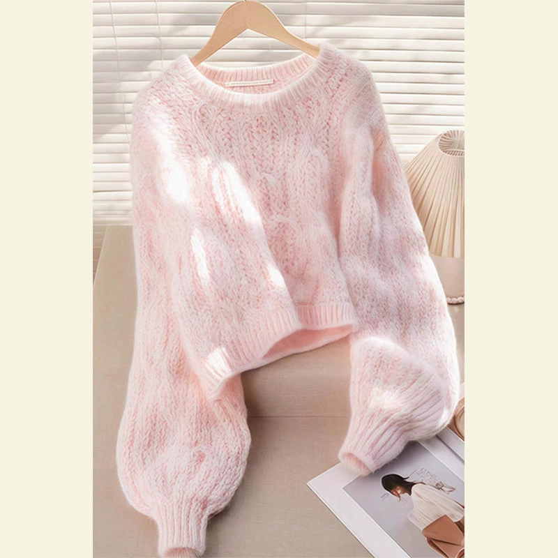 Мягкий клейкий сладкий стиль розовый с круглым вырезом мохер трикотажный топ 2024 ранней осенью новый ленивый свитер высокого уровня