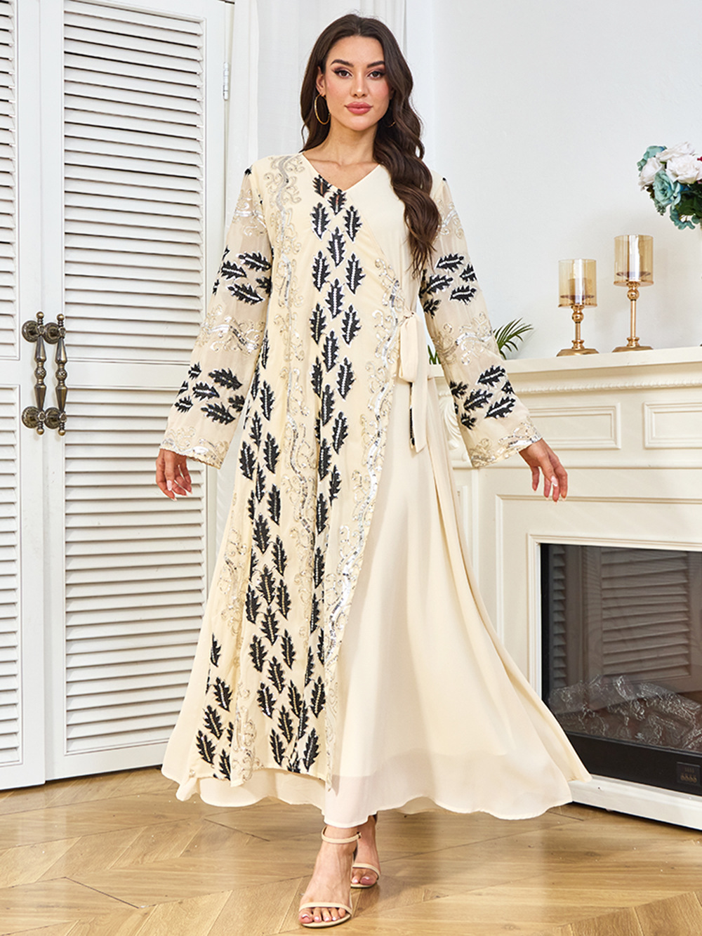 New Cross-border Dubai Abaya Clothing, Abaya, Middle Eastern Dress, Long-sleeved Sequined Arabic Gown_ecoleips.com