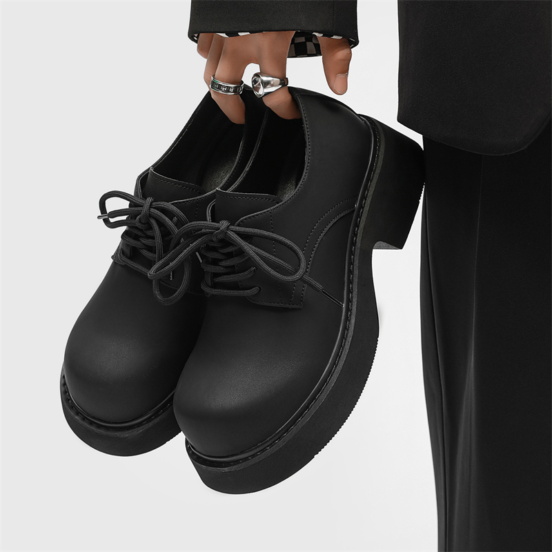 Round Toe Derby Shoes Men's Winter Casual Big Toe Shoes Couple's Thick Sole Increased Black Matte British Leather Shoes