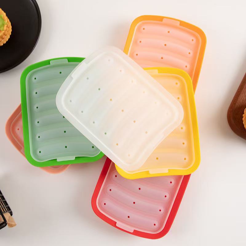 Food-Grade Silicone Hot Dog Sausage Mold with Six Slots and Lid, Suitable for Homemade Baby Food and Ham Sausage, Kitchen Baking Mold