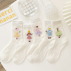 Summer crew socks Korean version Ins trendy versatile cartoon cotton socks cute JK mesh thin hole white socks for girls