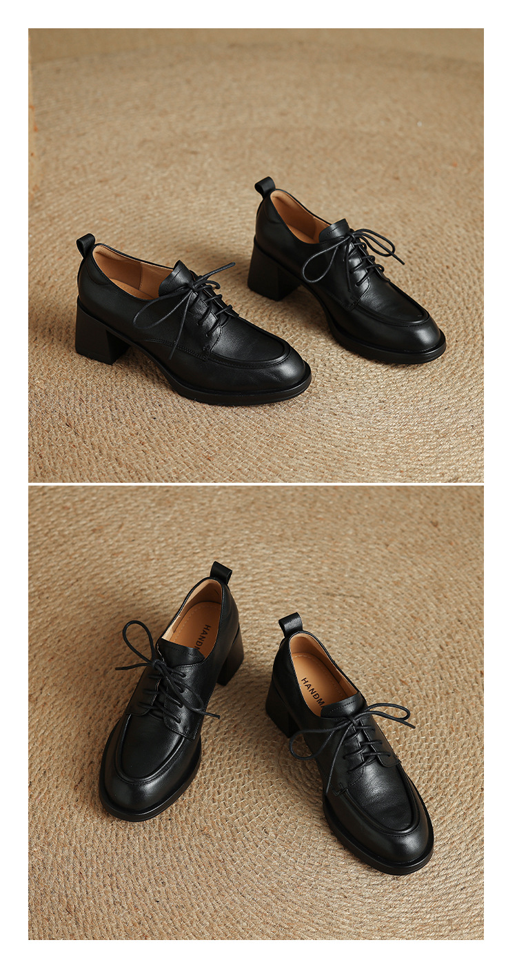 Giày cao gót nữ mũi tròn bít da bò, gót 7,6 cm, buộc dây, phong cách retro — Chiều cao gót màu nâu 7.6cm chi tiết 17
