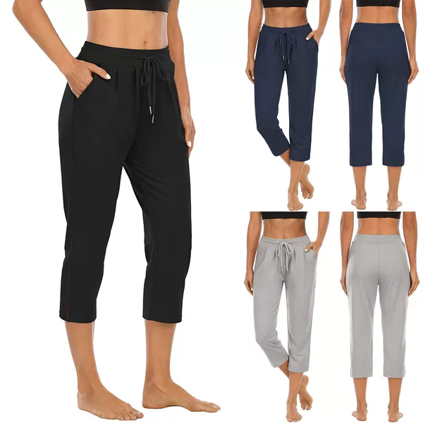 2025 European and American Amazon Cross-Border Women's Pure Color Flap Pocket Pants High Waist Sports Fitness Yoga Wide Leg Cropped Pants
