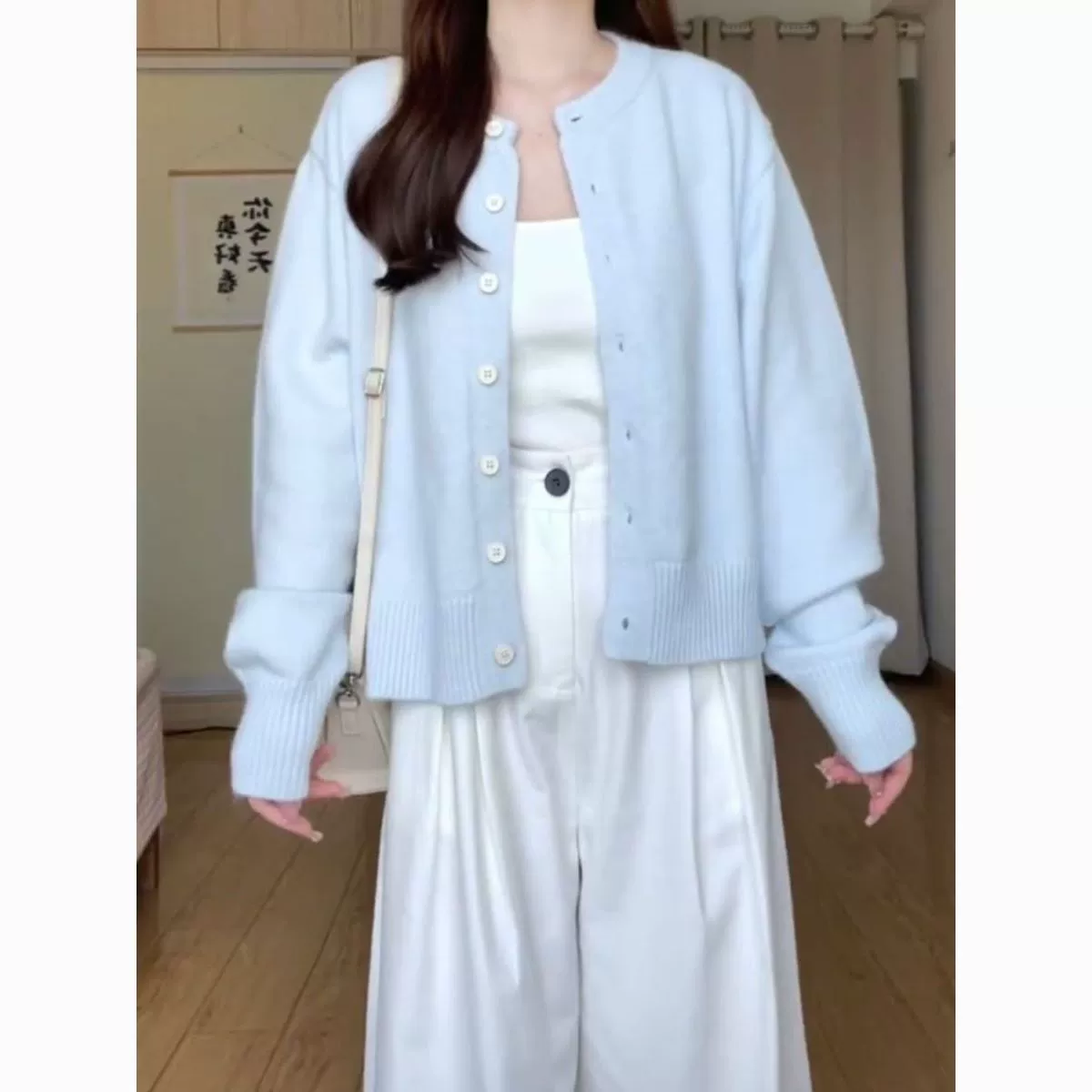 Мягкий и восковой светло-синий трикотаж, женская куртка весна, осень и зима, новый стиль, простой короткий верхний кардиган