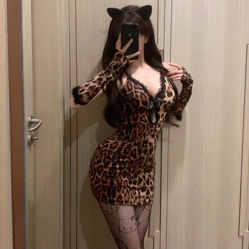 Orange Friendship Sexy Lingerie Plus Size Pure Desire Cute Leopard Print Bodycon Skirt Uniform Set No Need to Take Off Pajamas Qqnya917