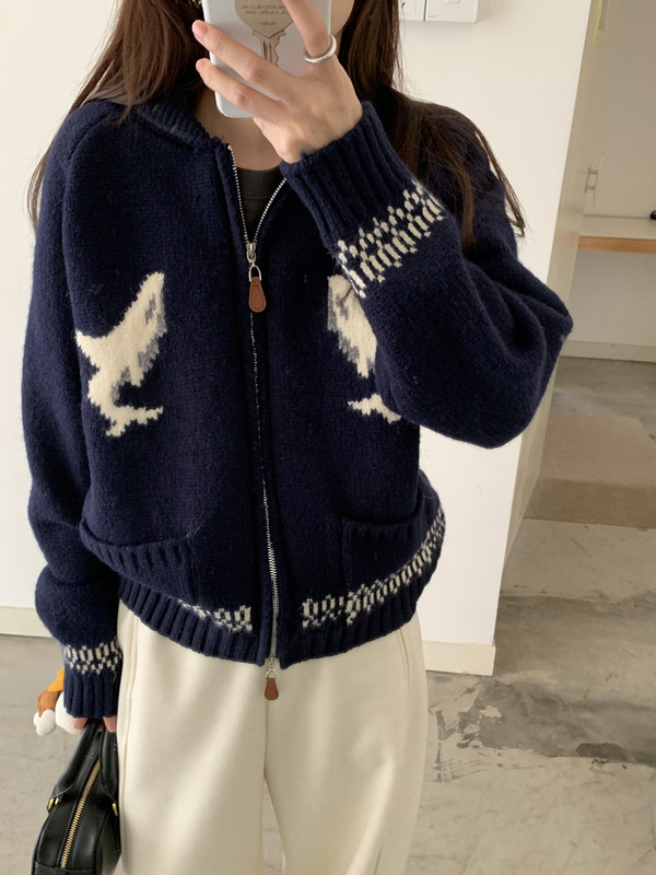秋冬休闲翻领毛衣外套女2025新款复古提花慵懒风加厚针织拉链开衫|undefined