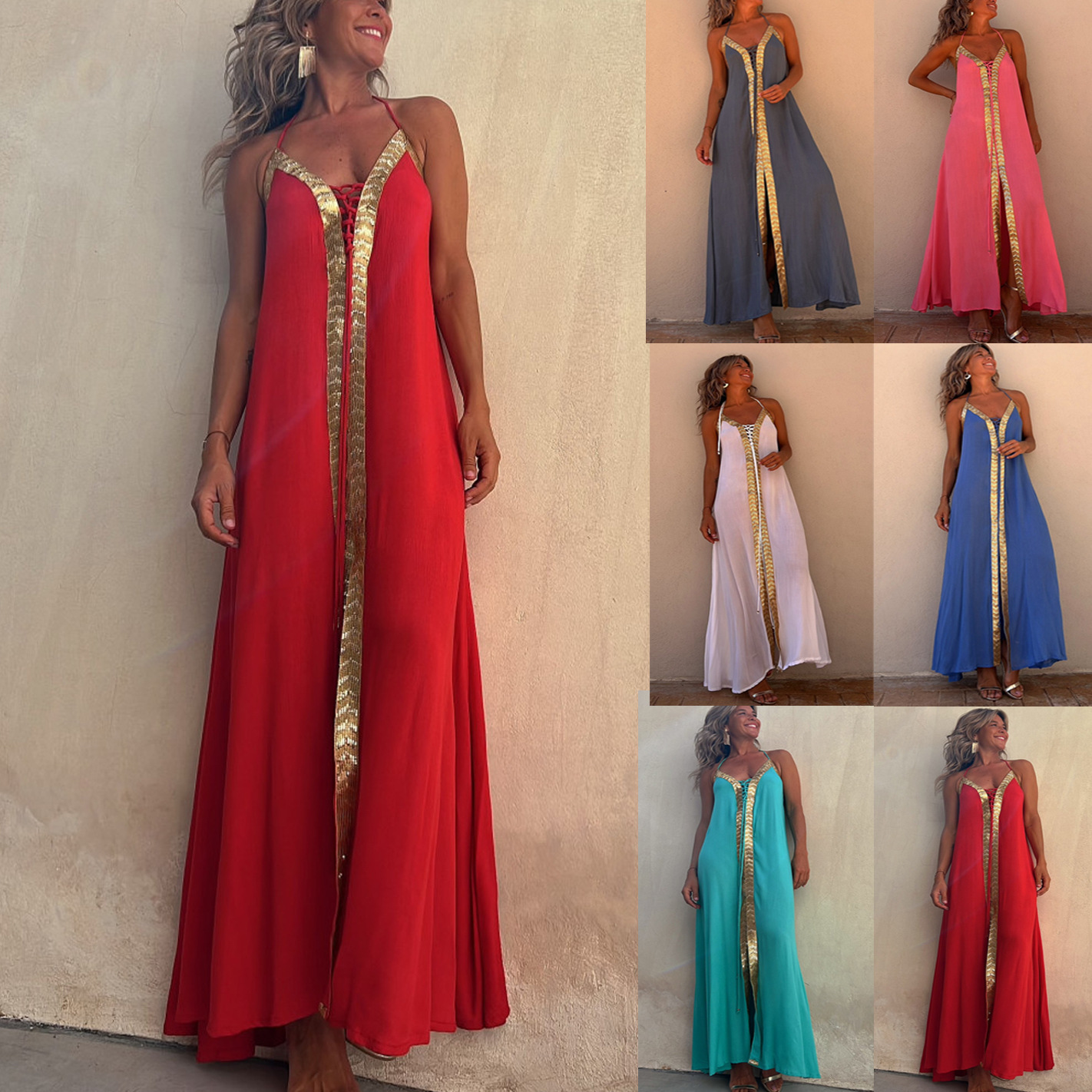 280g Weight Maxi Long Dress Dress Length Type Wholesale Women'S Casual Vacation Patchwork Solid Color Holiday Halter Neck Sleeveless Swing Dress