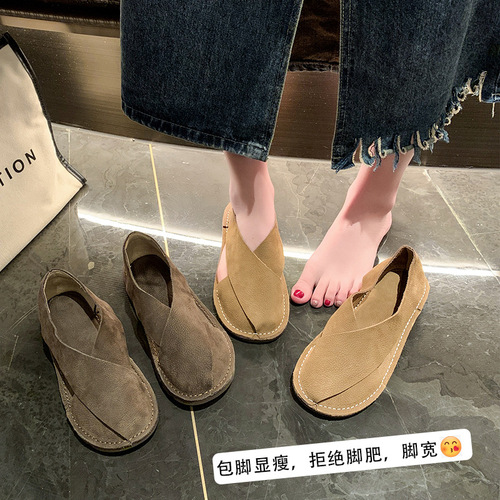 Summer Soft Leather Women's Round Toe Slip-On Roman Fisherman Sandals Women's Retro Sandals Plus Size