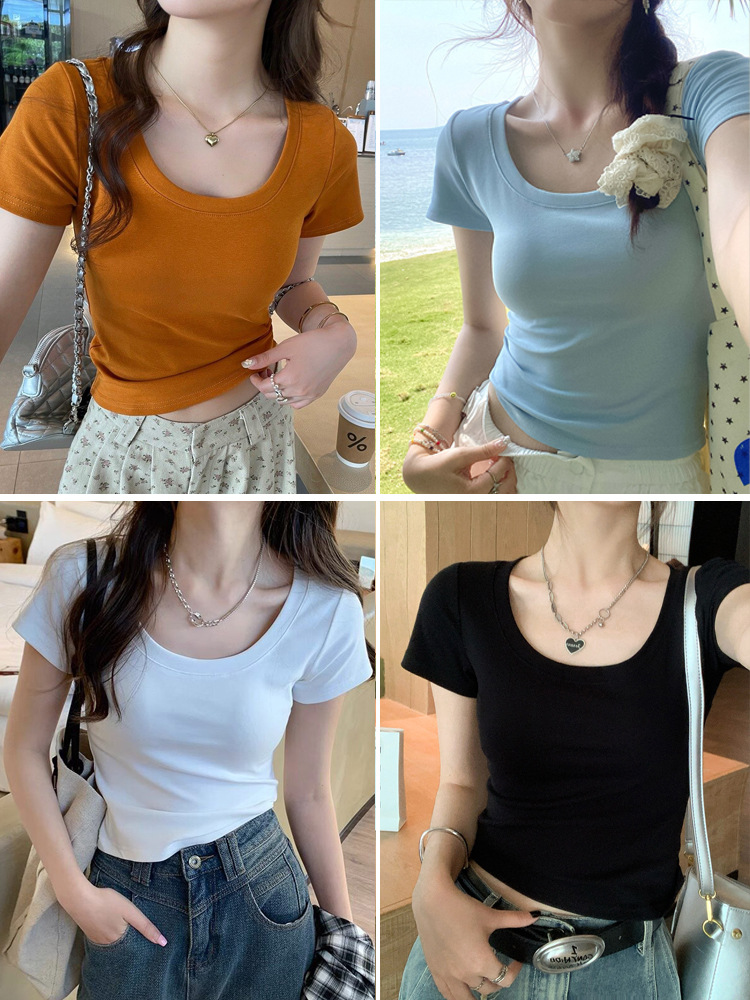纯棉正肩u领短袖t恤女夏季甜辣多巴胺穿搭修身低圆领锁骨短款上衣