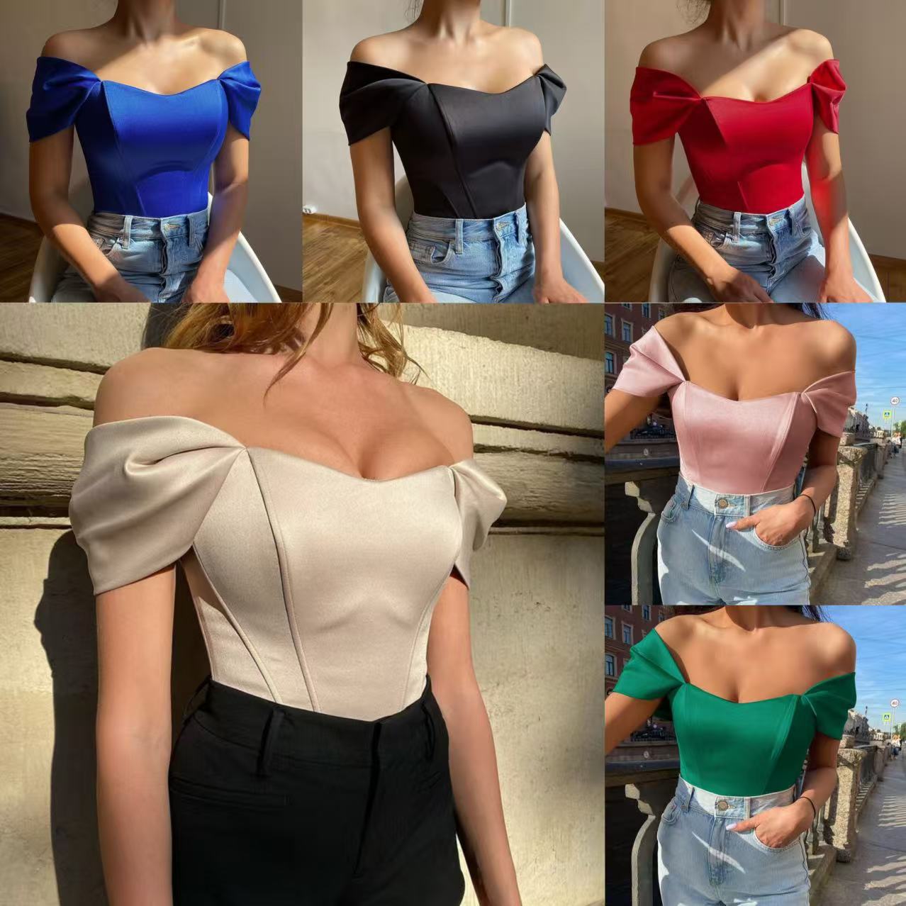 2024 Summer New Cross-Border Fishbone Waist-Cinching Tube Top Women's Satin Off-Shoulder Top European and American Style Aliexpress