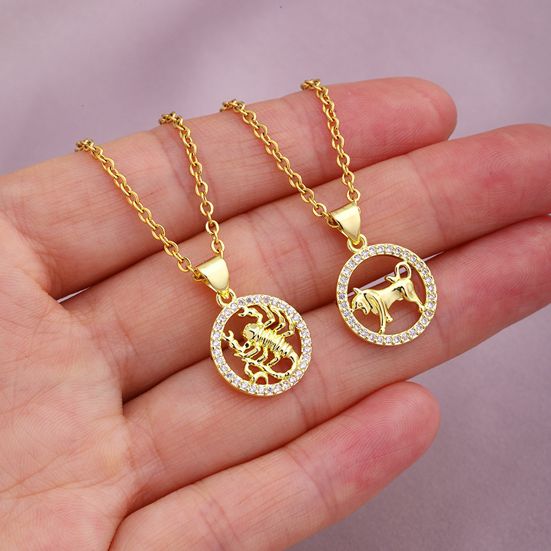 Fashion Twelve Constellation Copper Inlaid Zircon Gold Plated Stainless Steel Pendant Necklace display picture 2
