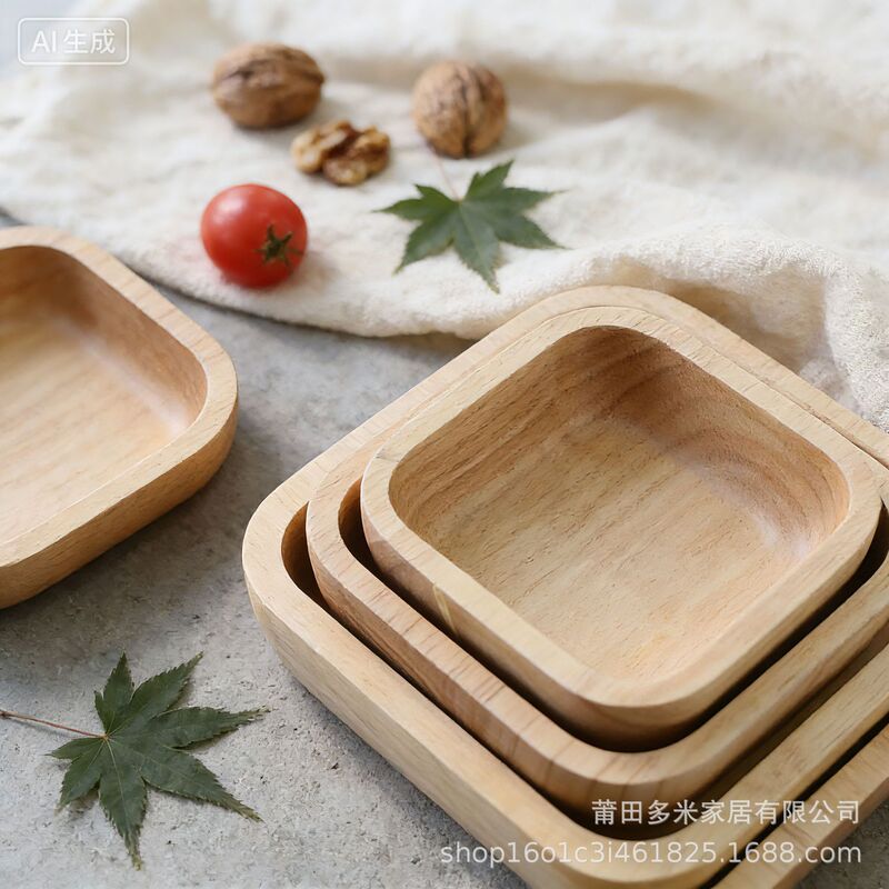 Handmade Wooden Fruit Plate, Snack Plate, Dinner Plate, Salad Bowl, Candy Plate, Solid Wood Set, Square Plate, Thickened and Durable