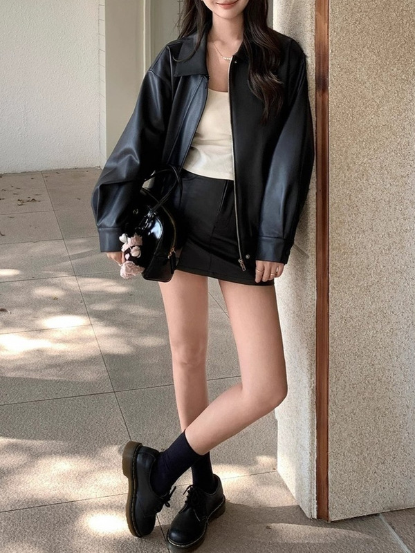 甜酷风黑色复古夹克皮衣外套女2025年冬季新款宽松机车服气质上衣|undefined