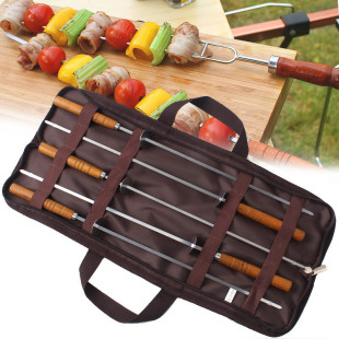 Cls Outdoor Bbq Stainless Steel Skewers Picnic Barbecue Wooden Handle Skewers Grill Forks Meat Skewers 5-Piece Set