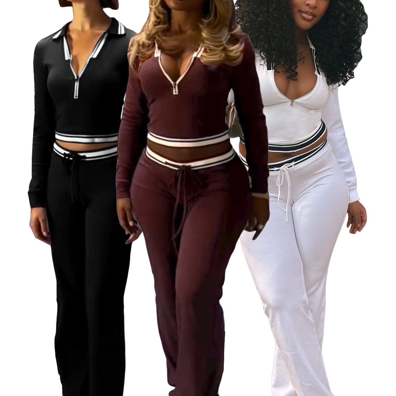 Hr25056 European and American Fashion Women's Lapel Half-Zip Drawstring Wide-Leg Pants Casual Sports Two-Piece Suit for Women