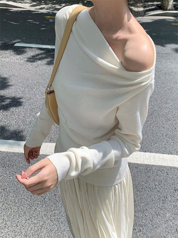 法式气质白色斜肩长袖针织打底衫女高级感毛衣内搭绝美上衣秋冬季|undefined