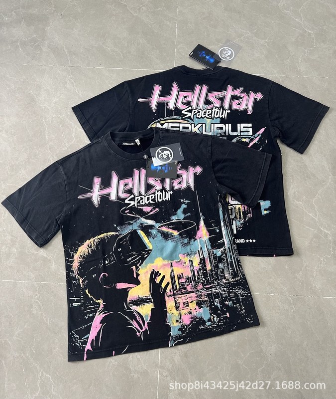 跨境美式2025Hell地狱之星小众潮牌复古印花休闲宽松圆领短袖T恤|undefined
