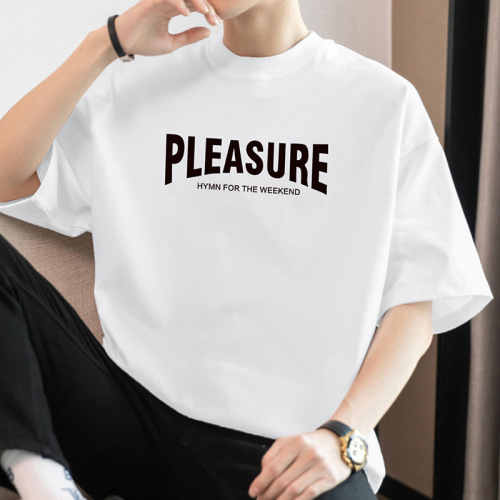 Men's Loose Fit Round Neck Cotton T-Shirt with Letter Print - 200g Heavyweight Summer Half Sleeve American Style