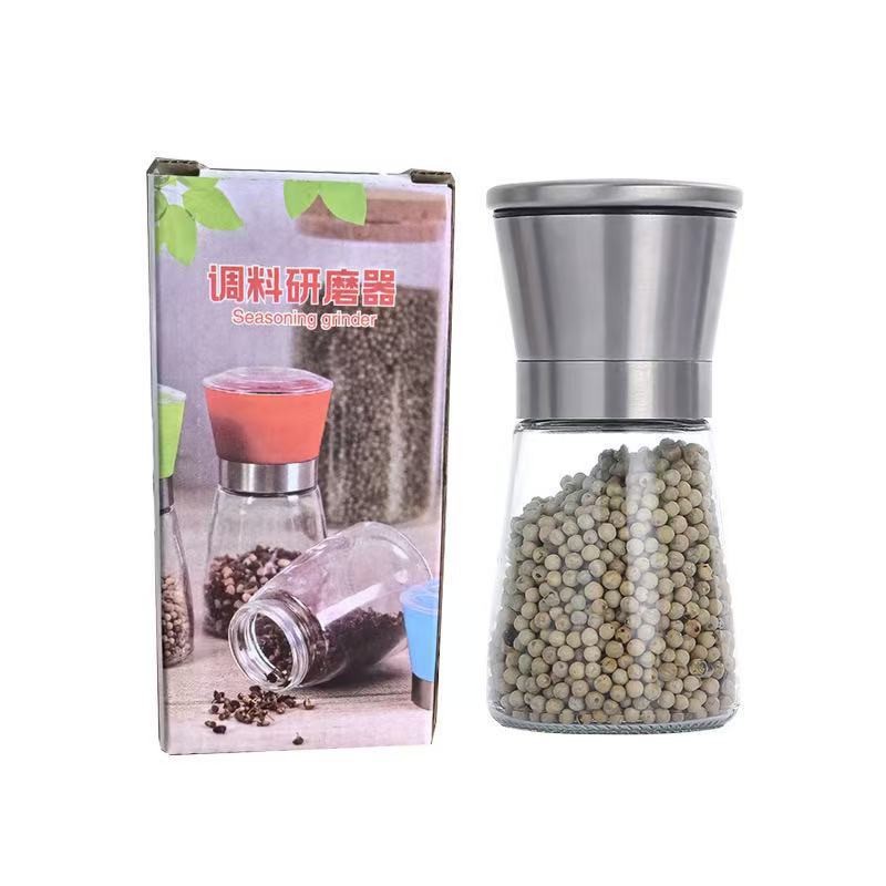 Venta al por mayor manual japonés hogar de acero inoxidable molinillo de pimienta vidrio suministros de cocina artefacto tanque de condimento portátil