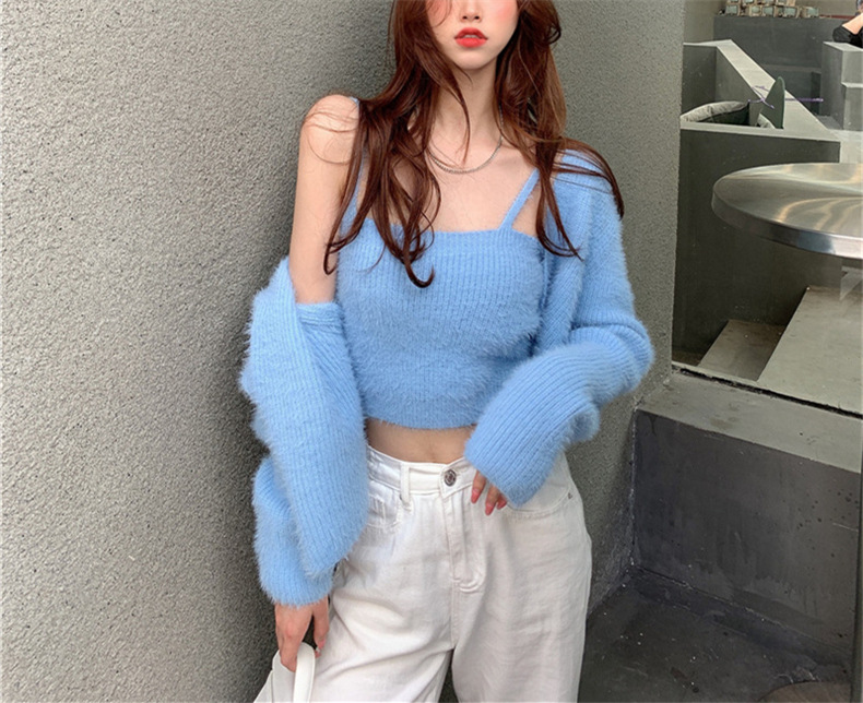 Sexy Strickjacke 2023 Herbst/Winter Neue Produkt Nerz Wolle Brust Verpackung Zwei Stück Set Koreanische Gestrickte Pullover für_voghion.com