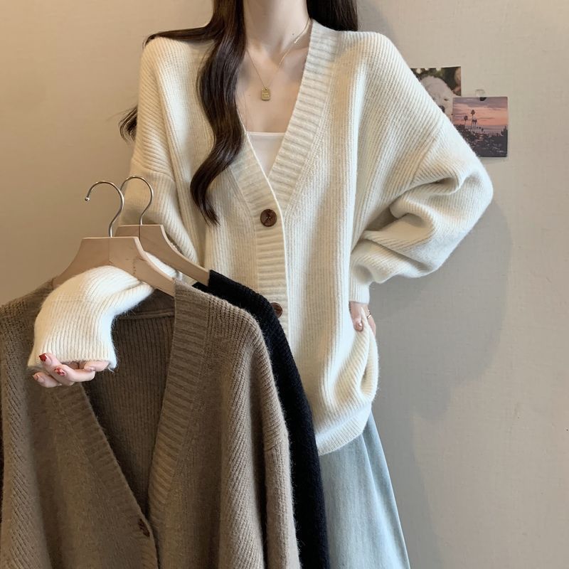 复古毛衣开衫女大码微胖mm春秋慵懒风高级感V领针织外套上衣|undefined